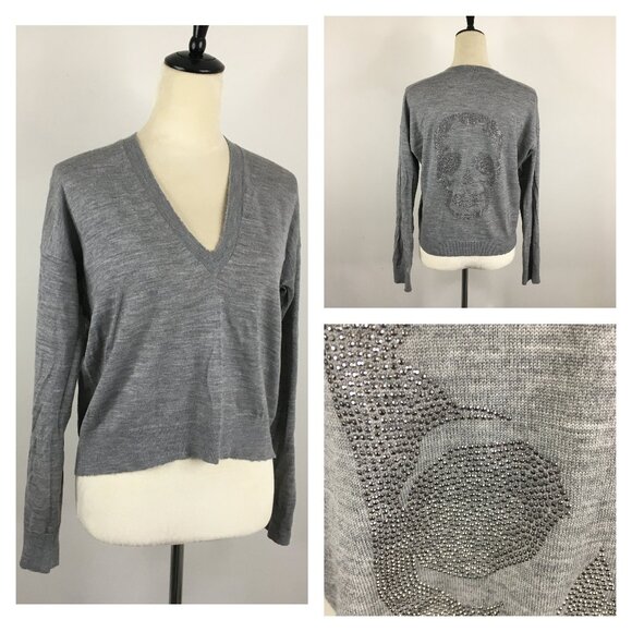 ZADIG & VOLTAIRE Silver Skull Rhinestone Happy Merino Wool Pullover Knit Sweater - Picture 1 of 16
